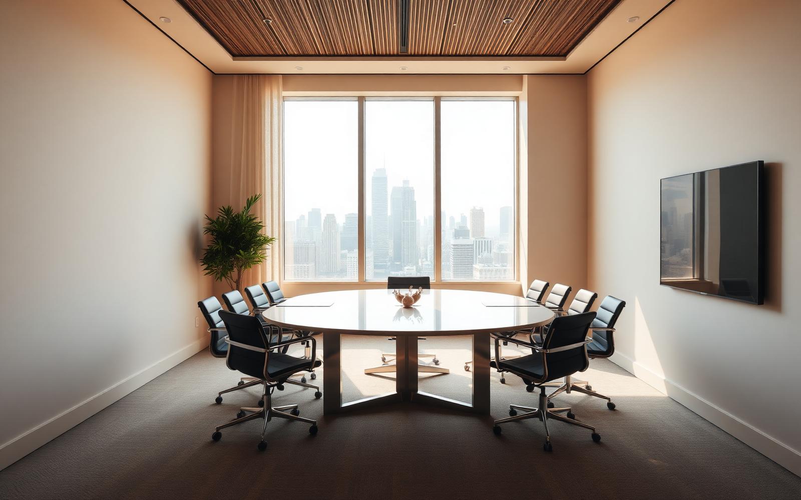 Heller Konferenzraum mit Blick auf eine Skyline