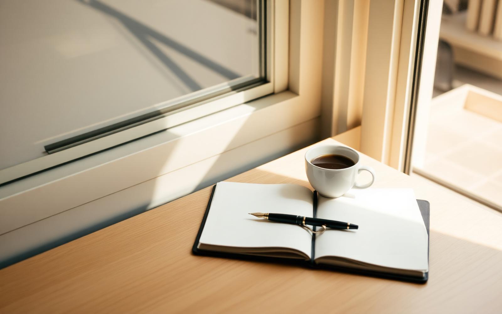 Aufgeschlagenes Notizbuch mit Füller und Kaffeetasse am Fenster
