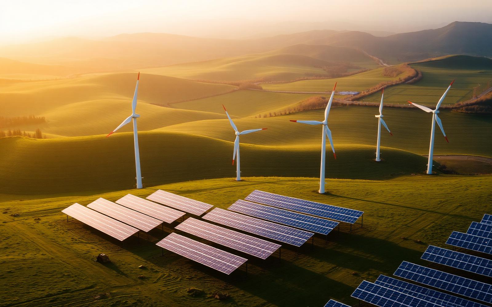 Windkraftanlagen und Solarmodule in einer hügeligen Landschaft
